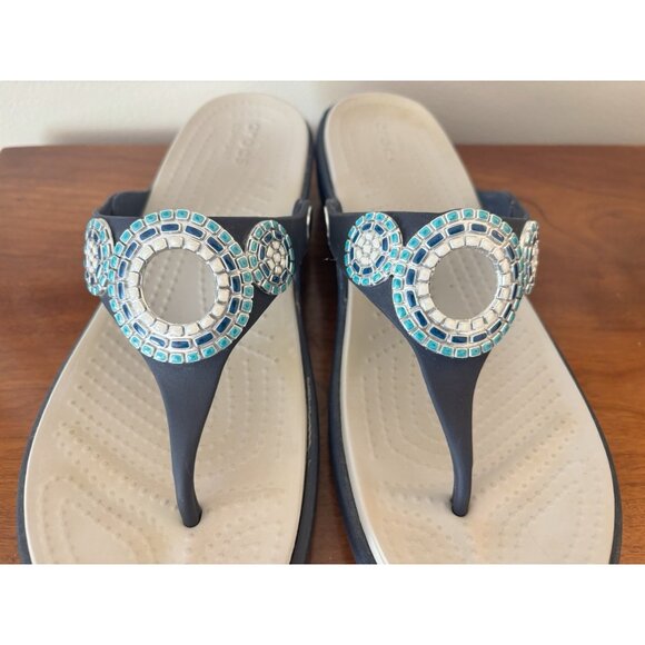 Crocs Sanrah Diamante Navy Blue & Turquoise Wedge Sandals Womens Size 8 - Picture 2 of 9